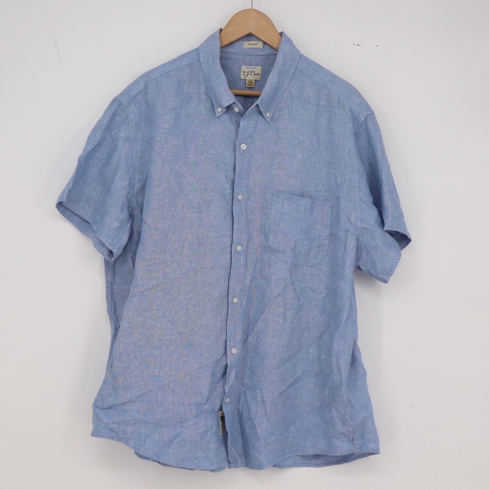 J.Crew Linen Shirt Mens XL Classic Baird McNutt Blue Short Sleeve Button-Down EX